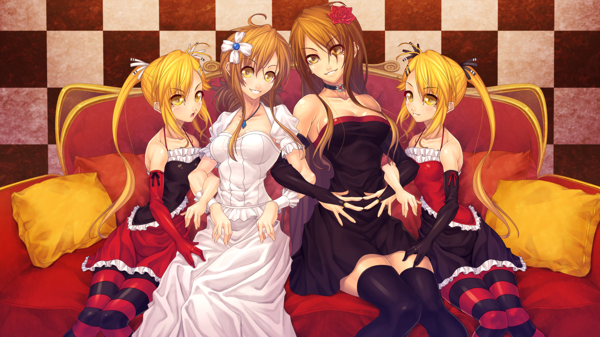 aka (shoumae), kirishima akari, kirishima kotone, mizuno kaede, sumiyoshi kanako, nyan koi!, black legwear, red legwear, striped legwear, bad id, bad pixiv id, highres, 00s, 4girls, bare shoulders, blonde hair, bridal gauntlets, brown eyes, choker, couch, elbow gloves, flower, gloves, grin, hair ornament, hairclip, holding another's arm, long hair, mole, multiple girls, pantyhose, pillow, rose, siblings, sisters, sitting, smile, striped clothes, striped thighhighs, thighhighs, twins, twintails, yellow eyes, zettai ryouiki