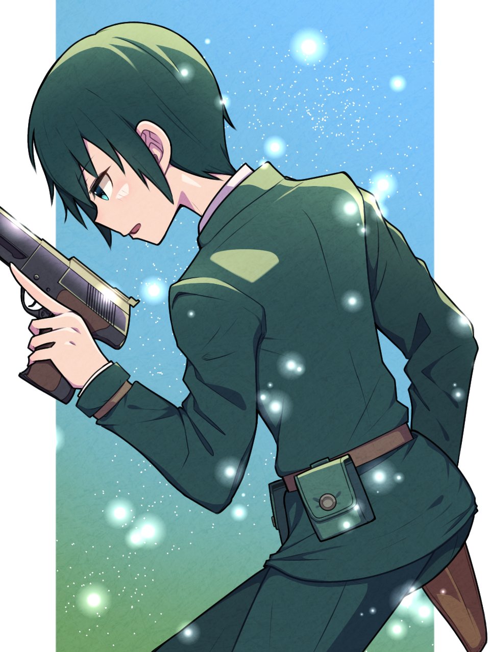 pctl kino1, kino (kino no tabi), kino no tabi, highres, 1girl, androgynous, aqua eyes, belt pouch, colt woodsman, from side, gradient background, green hair, green jacket, green pants, gun, handgun, holding, holding gun, holding weapon, holster, jacket, long sleeves, looking ahead, pants, pillarboxed, pouch, shirt, short hair, weapon, white shirt