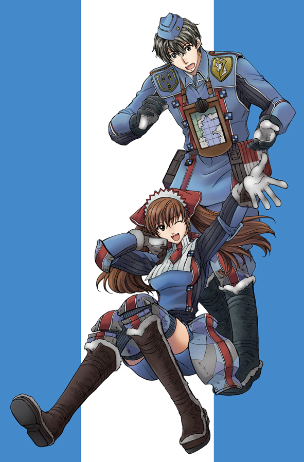 heizo, hinoen, kitou en, alicia melchiott, welkin gunther, sega, senjou no valkyria, senjou no valkyria (series), senjou no valkyria 1, bad id, bad pixiv id, 00s, 1boy, 1girl, bandana, boots, brown eyes, brown hair, gloves, grey eyes, grey hair, hat, long hair, military, military uniform, one eye closed, open mouth, short hair, skirt, smile, thighhighs, twintails, wink