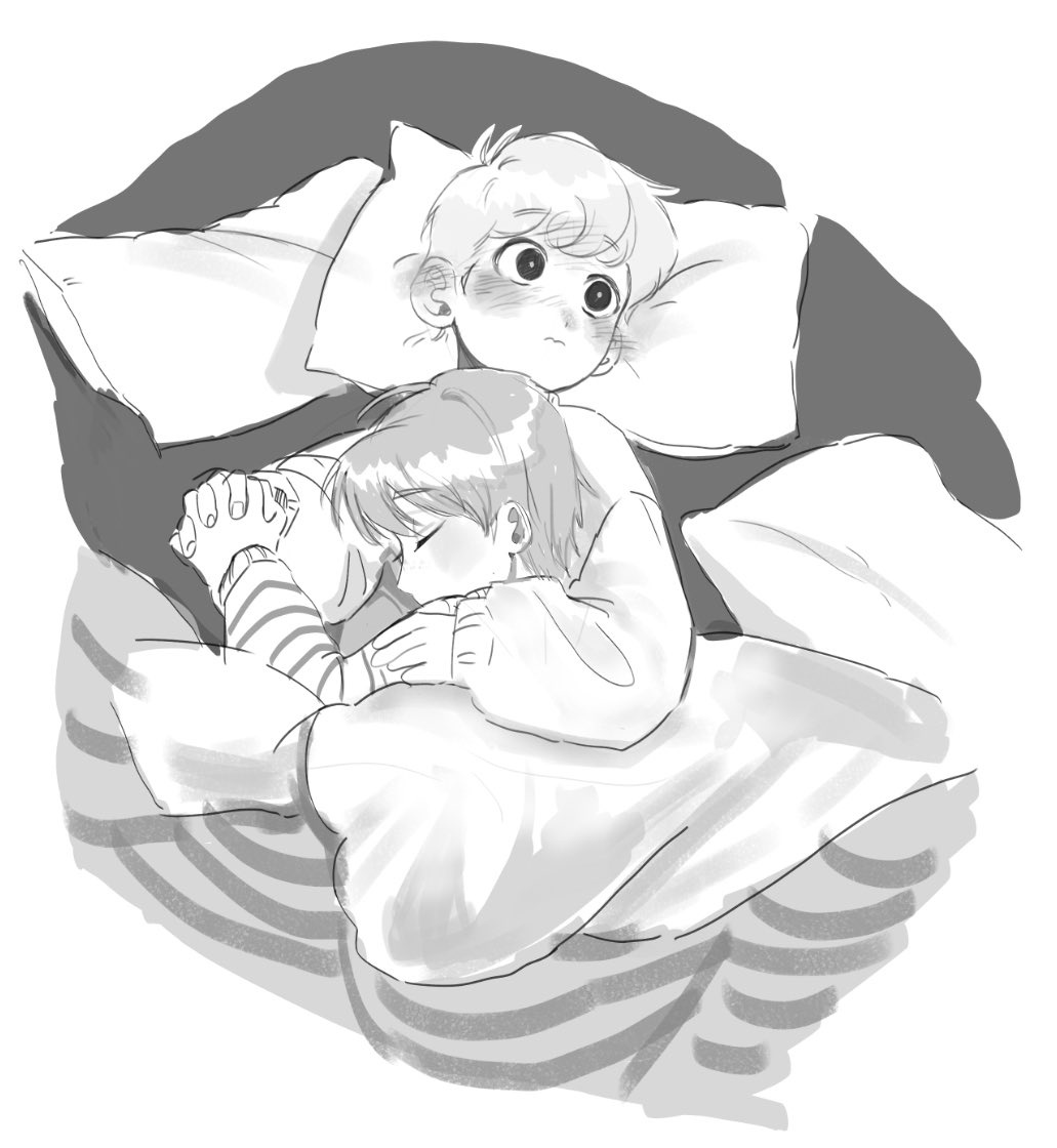 charlie brown, schroeder (peanuts), peanuts (comic), commentary, english commentary, third-party source, 2boys, blanket, blush, closed eyes, dubu274611, holding hands, monochrome, multiple boys, pillow, shirt, short hair, sleeping, sleeping on person, striped clothes, striped shirt, sweater