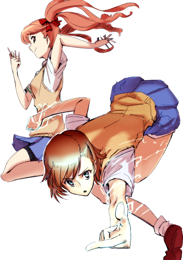 miyatsuka ringorou, miyatsukaringorou, misaka mikoto, shirai kuroko, toaru kagaku no railgun, toaru majutsu no index, bad id, bad pixiv id, 00s, 2girls, armband, between fingers, brown eyes, brown hair, electricity, electrokinesis, green armband, hair ribbon, holding, long hair, multiple girls, ribbon, school uniform, short hair, skirt, socks, sweater vest, thigh strap, twintails, vest