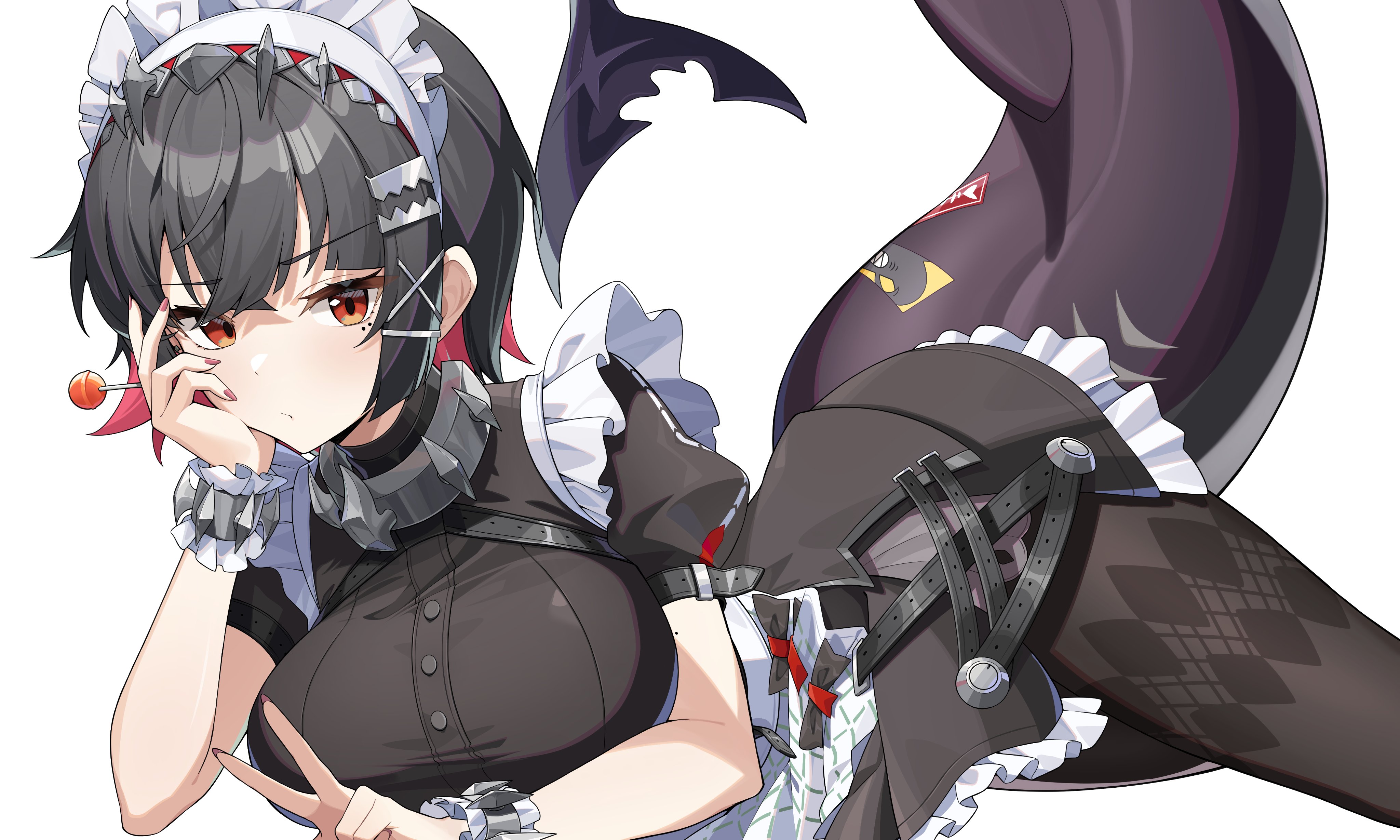 sinigo01, ellen joe, zenless zone zero, absurdres, commentary, commentary request, english commentary, highres, mixed-language commentary, 1girl, :/, black dress, black hair, black pantyhose, breasts, candy, closed mouth, colored inner hair, cowboy shot, dress, fins, fish tail, food, hairband, head rest, holding, holding candy, holding food, holding lollipop, large breasts, lollipop, looking at viewer, lying, maid headdress, metal hairband, mole, mole on arm, mole under eye, multicolored hair, on side, pantyhose, razor blade hair ornament, red eyes, red nails, scar, scar on tail, shark girl, shark tail, short hair, simple background, solo, spiked headband, tail, v, white background