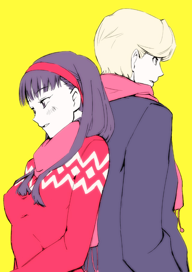 miyatsuka ringorou, miyatsukaringorou, amagi yukiko, narukami yu, atlus, persona, persona 4, bad id, bad pixiv id, 1boy, 1girl, black eyes, black hair, blonde hair, blouse, blush, breasts, couple, grey hair, hairband, hetero, long hair, medium breasts, scarf, shirt, short hair, sweater
