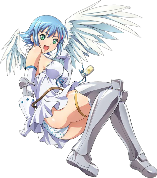 angel of light nanael, nanael (queen's blade), queen's blade, official art, 00s, 1girl, angel, angel wings, armor, armored boots, blue hair, boots, breasts, dress, female focus, full body, gauntlets, green eyes, looking at viewer, open mouth, panties, polka dot, polka dot panties, short hair, sideboob, sleeveless, sleeveless dress, solo, transparent background, underwear, white dress, white panties, wings