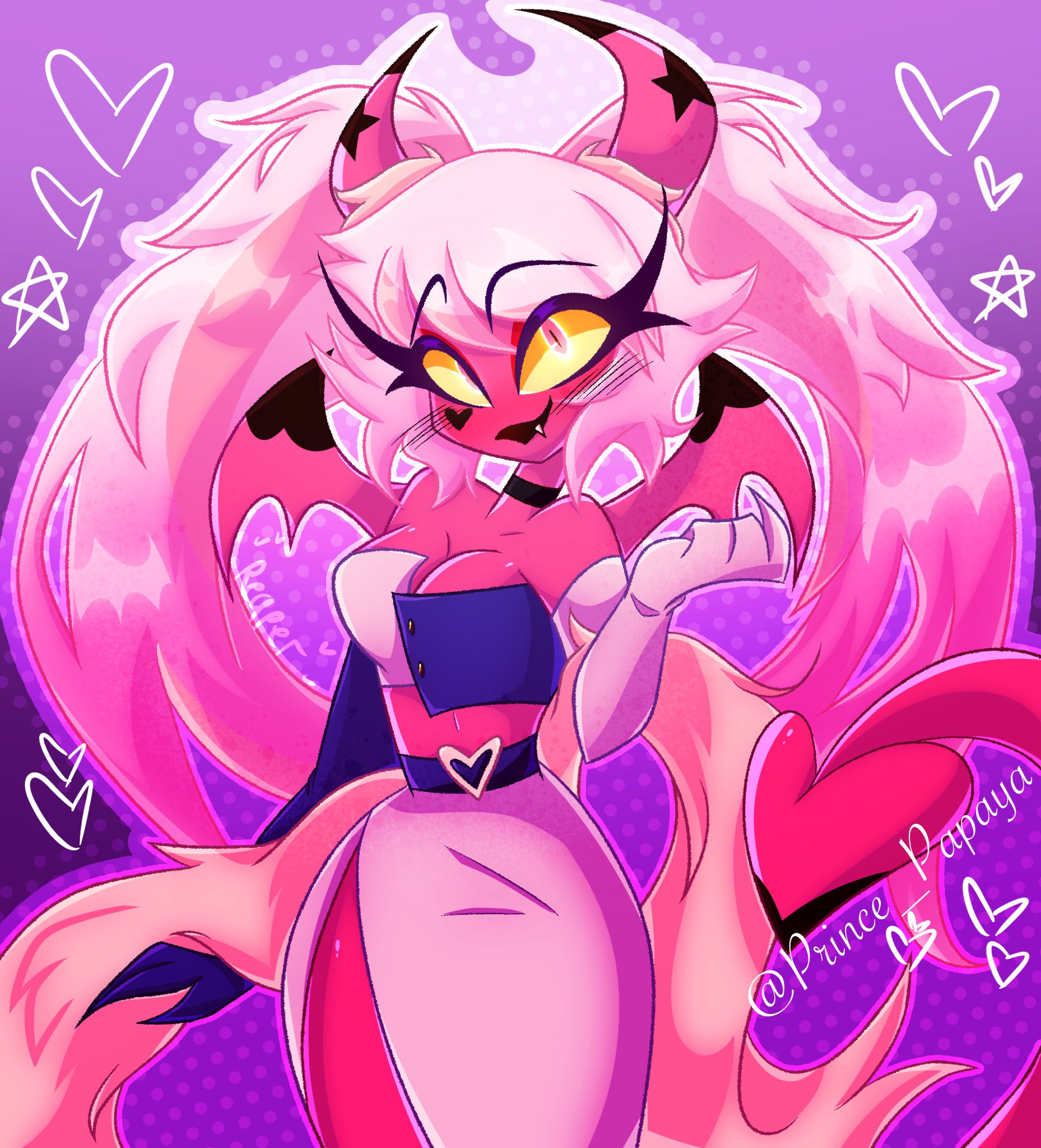 verosika mayday, hellaverse, helluva boss, commentary, english commentary, highres, 1girl, breasts, colored sclera, colored skin, demon girl, demon horns, horns, large breasts, long hair, looking at viewer, pink skin, prince papaya, solo, twintails, yellow sclera