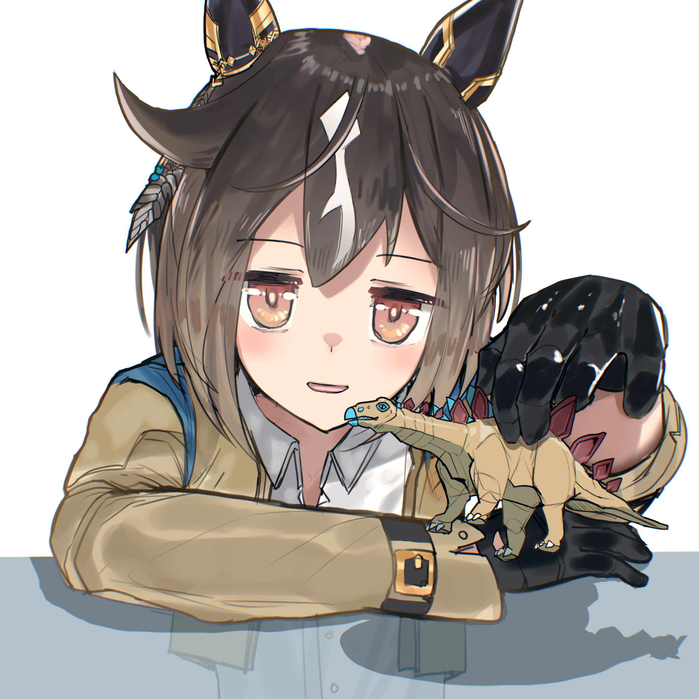 advarcher, stay gold (umamusume), umamusume, absurdres, commentary request, highres, 1girl, animal ears, black gloves, brown hair, coat, collared shirt, ear covers, ear ornament, feather hair ornament, feathers, gloves, hair ornament, horse ears, horse girl, jitome, looking at viewer, multicolored hair, name connection, object namesake, shirt, simple background, solo, stegosaurus, toy dinosaur, white background, white hair, white shirt, yellow coat