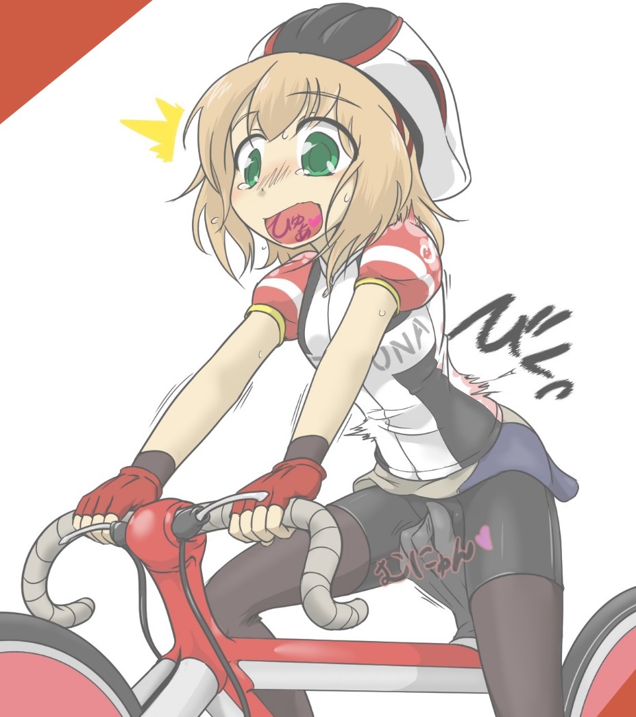 mudadamuda, kurata ami, long riders!, 1girl, bicycle, bicycle helmet, bike shorts, black shorts, crotch grab, feet out of frame, fingering, fingering through clothes, fingerless gloves, gloves, green eyes, groping, helmet, japanese text, open mouth, pantyhose, pantyhose under shorts, riding, riding bicycle, shorts, surprised, tears, through clothes, white background