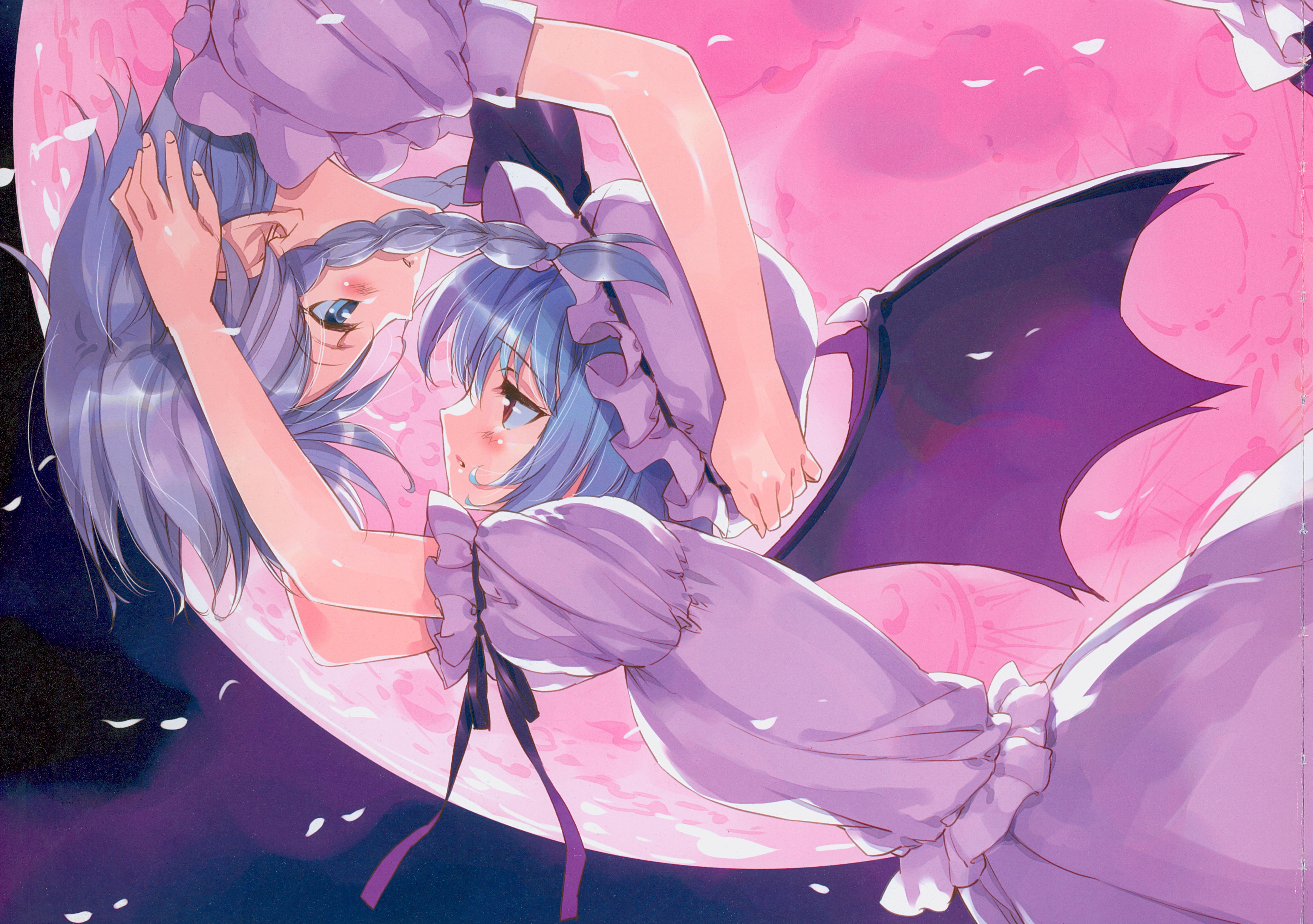 ueda ryou, izayoi sakuya, remilia scarlet, touhou, absurdres, highres, scan, 2girls, bat wings, blue eyes, blue hair, blush, braid, dress, female focus, hat, long hair, moon, multiple girls, purple hair, red eyes, ribbon, short hair, twin braids, wings, yuri