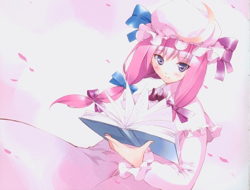 patchouli knowledge, touhou, tagme, 1girl, book, female focus, hat, purple eyes, purple hair, solo, white background