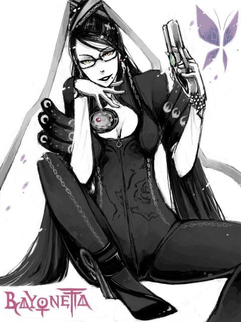 catch22, bayonetta, bayonetta (series), black hair, bodysuit, cleavage cutout, clothing cutout, glasses, gun, hair bun, high heels, long hair, mole, ribbon, shoes, single hair bun, very long hair, weapon, yellow eyes