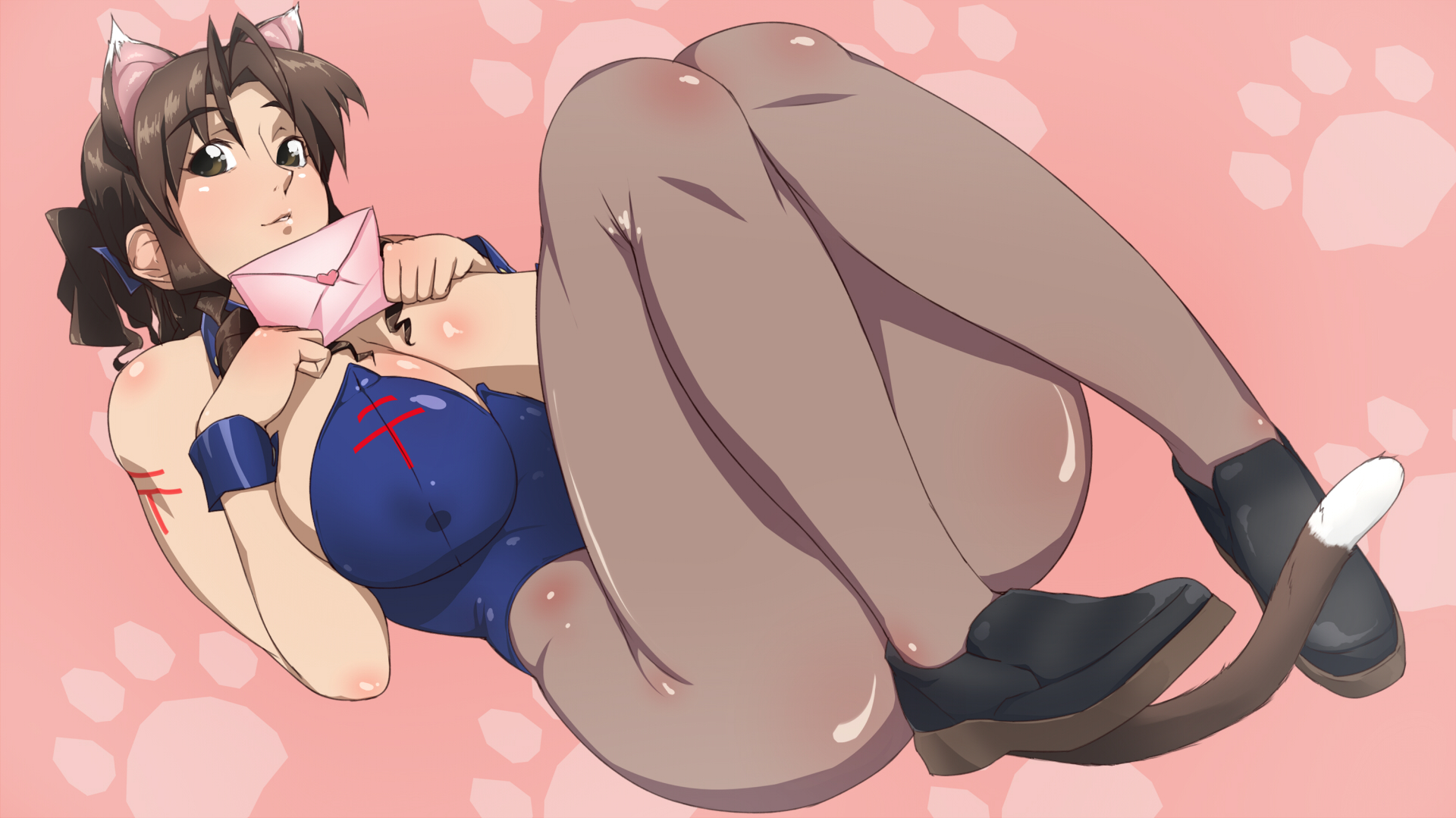 oshiruko (shiruko), mochizuki chizuru, japan post service, nyan koi!, bad id, bad pixiv id, highres, 00s, 1girl, animal ears, breasts, brown eyes, brown hair, cat ears, cat tail, cleavage, female focus, heart, kittysuit, large breasts, legs, letter, lips, nontraditional playboy bunny, pantyhose, plump, solo, tail