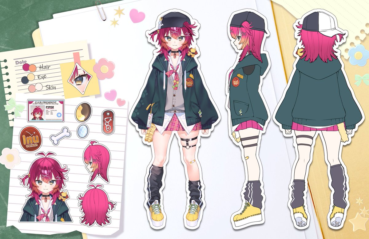 indie virtual youtuber, commentary, english commentary, official art, 1girl, ahoge, antenna hair, backwards hat, bandaid, baseball cap, bone hair ornament, choker, dog, dog tags, gradient hair, green jacket, hair ornament, hat, hood, hoodie, jacket, leg warmers, medium hair, multicolored hair, ohitspiper, orange hair, pink skirt, pleated skirt, red hair, reference sheet, school swimsuit, shoes, skirt, sneakers, swimsuit, thigh strap, thighs, virtual youtuber, yellow shoes