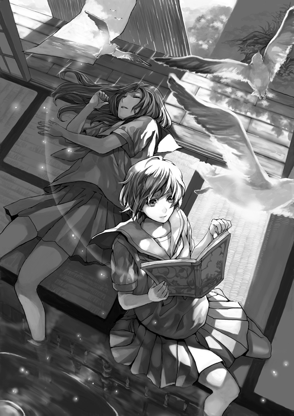 kochimo, original, source request, 2girls, bird, book, flower, greyscale, monochrome, multiple girls, sleeping, water