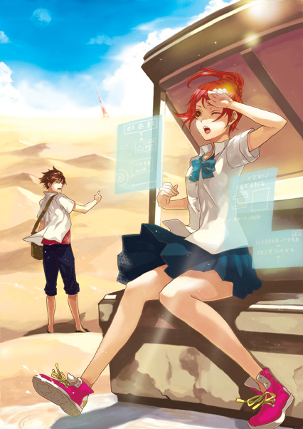 kochimo, original, 1boy, 1girl, brown hair, desert, display, displays, hologram, holograms, holographic displays, one eye closed, red hair, skirt, sun, wink