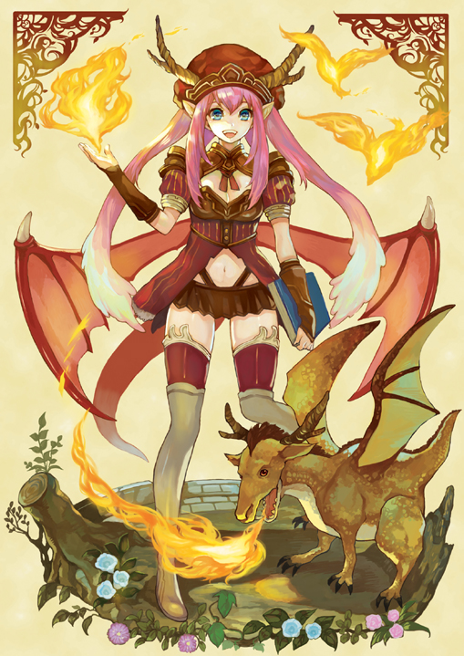 kochimo, 1girl, blue eyes, boots, dragon, dragon girl, dragon wings, female focus, fire, hat, horns, low wings, monster girl, pink hair, solo, thigh boots, thighhighs, wings