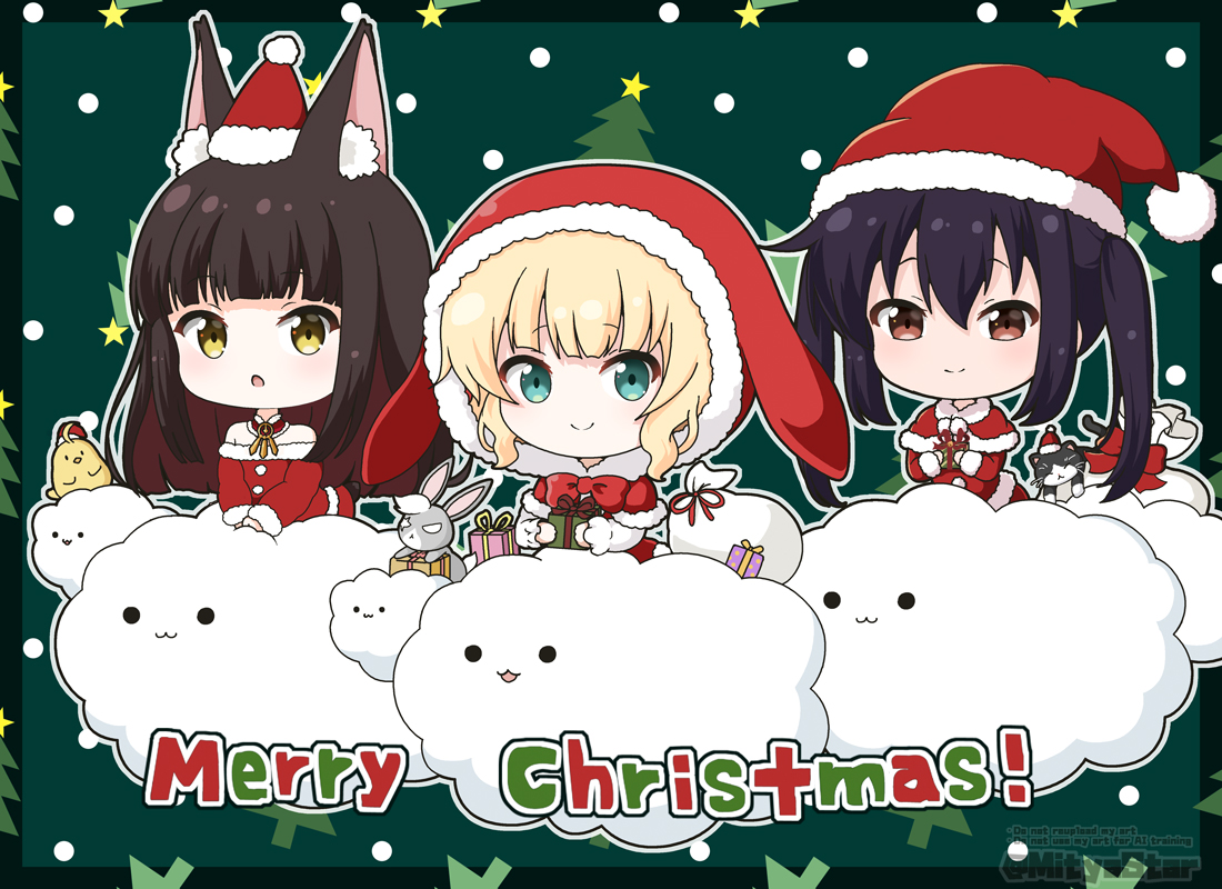 mitya, kirima syaro, nagato (azur lane), nakano azusa, tippy (gochiusa), azur lane, gochuumon wa usagi desu ka?, k-on!, commentary request, 3girls, animal, animal ears, black hair, blonde hair, box, brown eyes, chibi, closed mouth, dress, fur-trimmed headwear, fur trim, gift, gift box, hat, hood, long hair, merry christmas, multiple girls, rabbit, red dress, santa hat, smile, twitter username