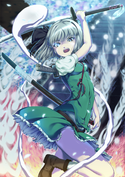 mafu, konpaku youmu, konpaku youmu (ghost), touhou, silver hair, 1girl, female focus, ghost, hairband, katana, ribbon, short hair, solo, sword, weapon