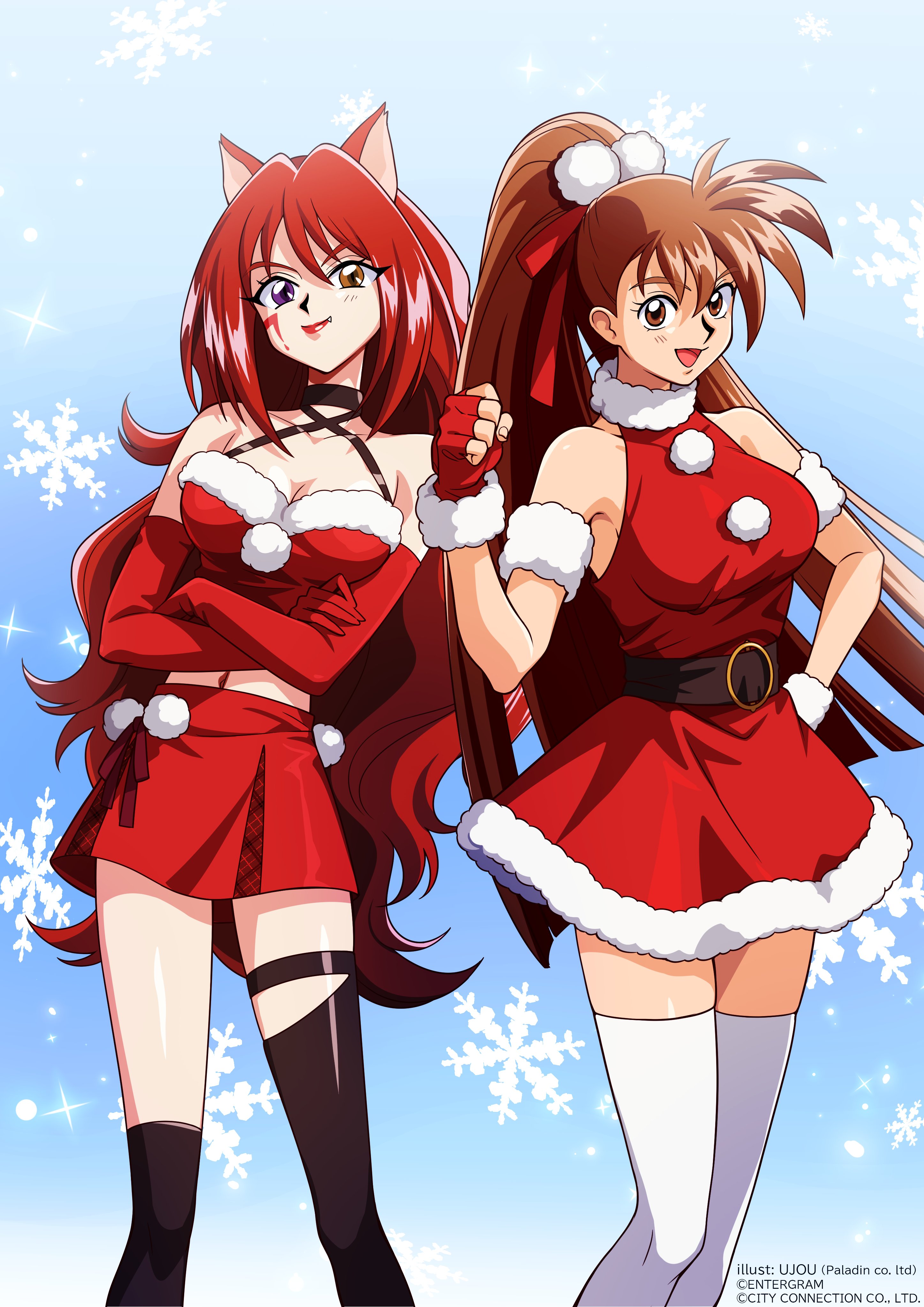 falandia vality, takeuchi yuka, steam-heart's, variable geo, absurdres, commentary request, highres, official art, second-party source, 2girls, animal ears, armlet, artist name, asymmetrical legwear, black choker, black sash, black thighhighs, breasts, brown eyes, brown hair, choker, christmas, closed mouth, company connection, copyright notice, creator connection, criss-cross halter, crossed arms, crossover, dress, elbow gloves, facial mark, fang, feet out of frame, fingerless gloves, fur-trimmed dress, fur-trimmed gloves, fur armlet, fur trim, gloves, hair ornament, hair ribbon, halter dress, halterneck, hand on own hip, hand up, high ponytail, jewelry, kimura takahiro (style), lipstick, long hair, makeup, medium breasts, midriff, multiple girls, navel, open mouth, pom pom (clothes), pom pom hair ornament, ponytail, purple eyes, red dress, red gloves, red hair, red lips, red ribbon, red shirt, red skirt, ribbon, sash, shirt, skirt, sleeveless, sleeveless dress, smile, snowflakes, standing, thighhighs, tight clothes, tight dress, ujou (paladin), uneven legwear, very long hair, white thighhighs, yellow eyes, zettai ryouiki