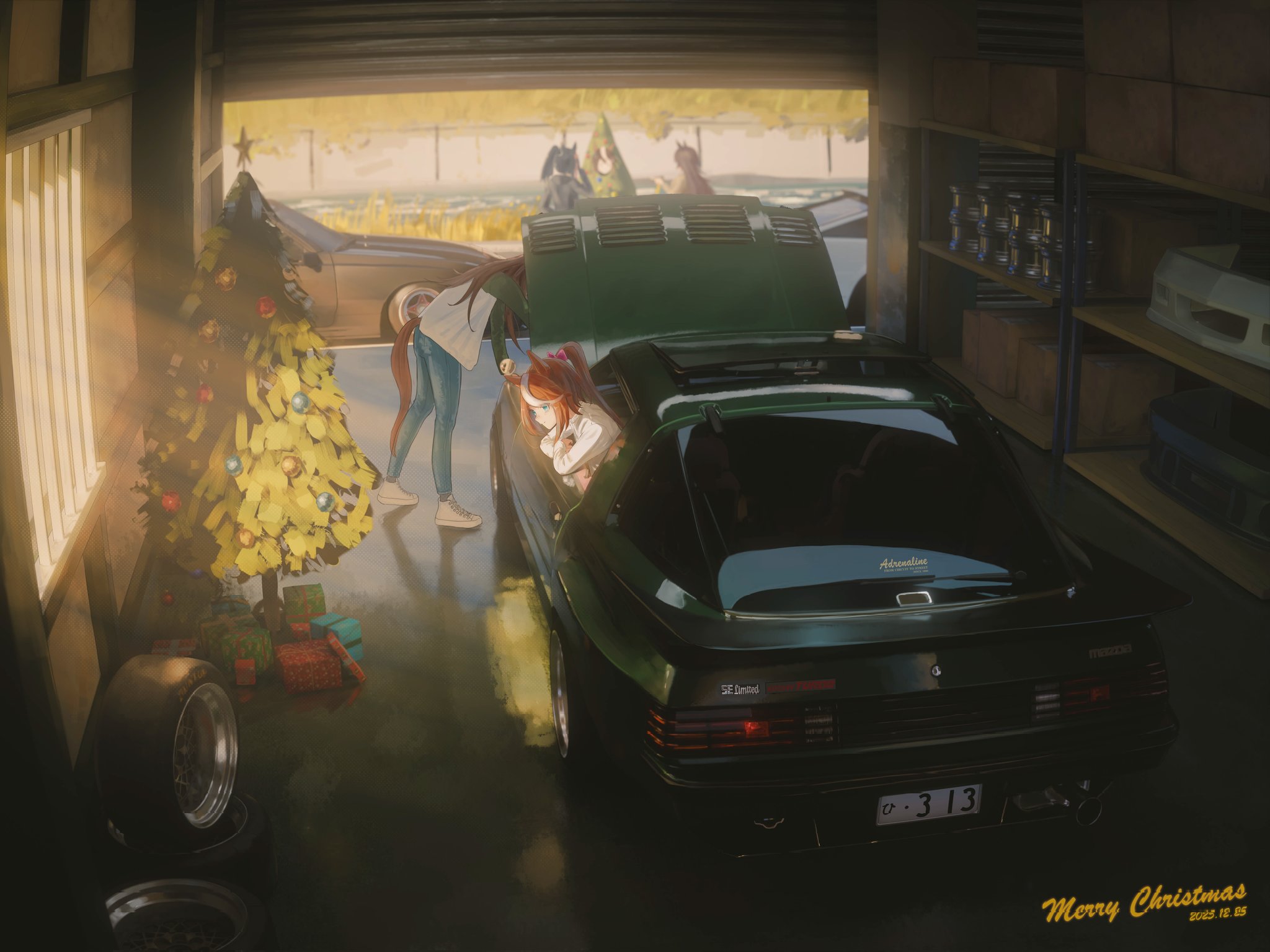 run rotary, katsuragi ace (umamusume), mr. c.b. (umamusume), sirius symboli (umamusume), symboli rudolf (umamusume), tokai teio (umamusume), umamusume, commentary, highres, vehicle request, 5girls, black hair, blue pants, brown hair, christmas, christmas tree, crossed arms, dated commentary, denim, garage, gift, green jacket, hair ribbon, horse girl, horse tail, indoors, jacket, jeans, long hair, multicolored hair, multicolored jacket, multiple girls, open car hood, pants, pink ribbon, ponytail, ribbon, shelf, shoes, streaked hair, sunlight, sunroof, tail, through window, two-tone jacket, unused tire, white hair, white jacket, white shoes