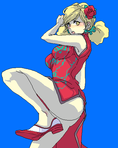 9wa, ursula leiden, final fantasy, final fantasy iv, final fantasy iv: the after years, square enix, lowres, 1990s (style), 1girl, ass, blonde hair, blush, china dress, chinese clothes, dress, earrings, flower, hair ornament, high heels, jewelry, kicking, legs, long hair, ponytail, retro artstyle, rose, shoes, yellow eyes