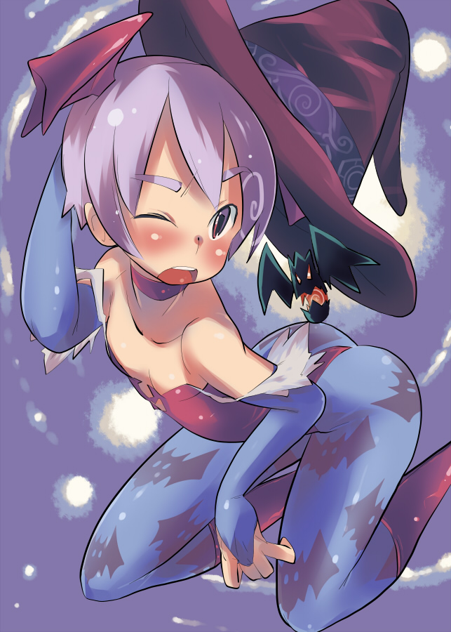 ookamiuo, ushihashiru, lilith (darkstalkers), capcom, darkstalkers, eyebrows, 1girl, animal print, ass, bare shoulders, bat (animal), bat print, bat wings, blush, demon girl, female focus, flat chest, hat, leotard, one eye closed, pantyhose, print pantyhose, purple hair, red eyes, red leotard, short hair, solo, wings, wink, witch hat
