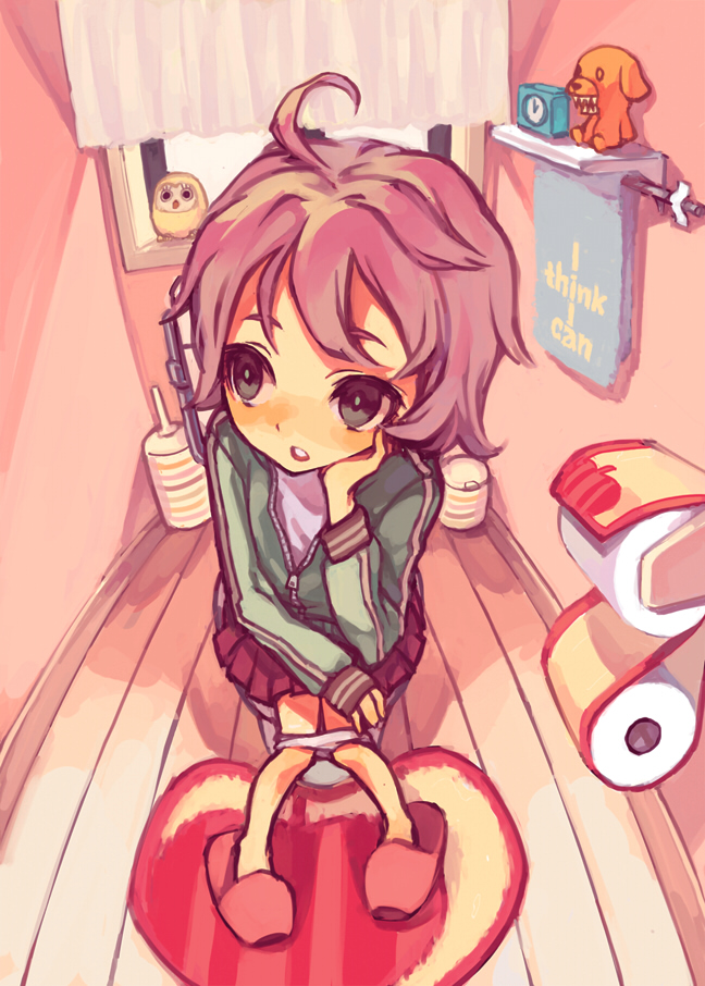 katsuko, buster-kun, original, the pillows, looking away, bad id, bad pixiv id, 1girl, ahoge, bathroom, clock, curtains, english text, female focus, head rest, jacket, knees together feet apart, long sleeves, looking to the side, no socks, open mouth, panties, panty pull, pleated skirt, short hair, sitting, skirt, slippers, solo, stuffed animal, stuffed toy, toilet, toilet paper, toilet use, towel, underwear, unzipped, window, zipper