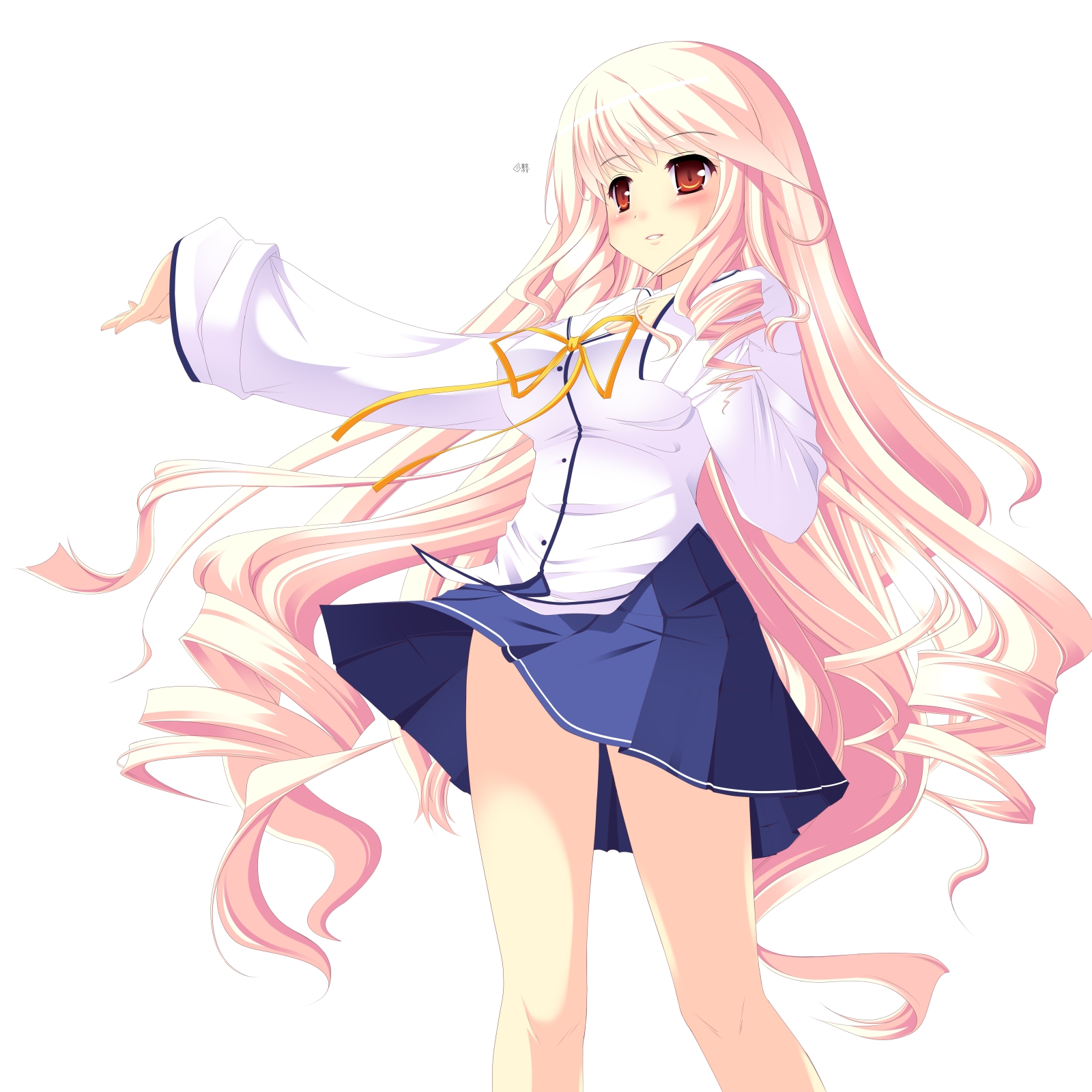 natsumiya yuzu, hanasaki akane, da capo, da capo ii, highres, 00s, 1girl, blush, bow, drill hair, female focus, legs, long hair, pink hair, red eyes, solo, very long hair, white background