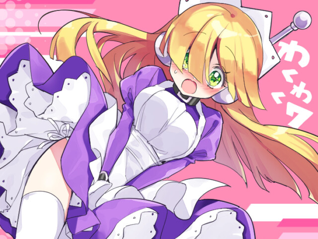 yukiwo, tesse, waku waku 7, commentary request, second-party source, 1girl, android, apron, black collar, blonde hair, blush, breasts, clothes lift, collar, copyright name, covering crotch, covering privates, cowboy shot, dress, dress lift, embarrassed, green hair, juliet sleeves, layered dress, leaning to the side, long hair, long sleeves, maid, maid headdress, medium breasts, open mouth, panties, pink background, puffy sleeves, purple dress, robot ears, side-tie panties, side-tie peek, small sweatdrop, solo, standing, thighhighs, thighs, underwear, white apron, white panties, white thighhighs, wind, wind lift, wrist belt