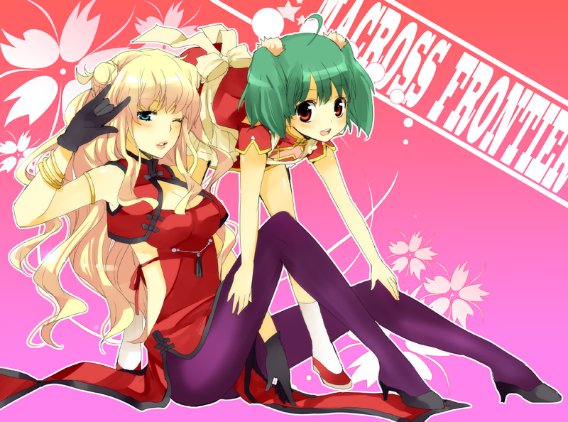 kurot, ranka lee, sheryl nome, macross, macross frontier, purple legwear, 00s, 2girls, bent over, blonde hair, china dress, chinese clothes, dress, flower, green eyes, high heels, legs, long hair, multiple girls, pantyhose, red eyes, shoes, wink
