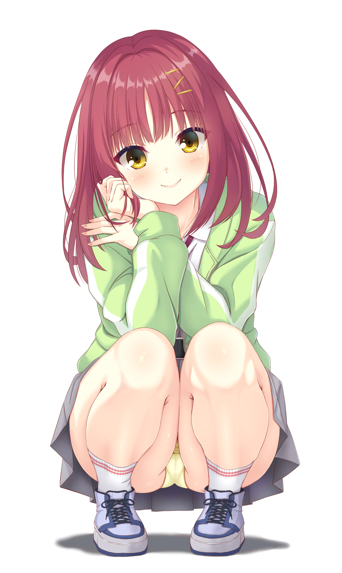 hirocchi, limelight lemonade jam, commentary request, highres, 1girl, belt, black belt, blue shoes, blush, cameltoe, clenched hand, closed mouth, collared shirt, cross-laced shoes, eyes visible through hair, fingernails, full body, futamihara ririko, green jacket, grey skirt, hair between eyes, hair ornament, hairclip, hands up, head tilt, jacket, legs, lips, long sleeves, looking at viewer, medium hair, miniskirt, open clothes, open jacket, panties, parallel hairclips, pleated skirt, red hair, school uniform, shirt, shoes, simple background, skirt, smile, sneakers, solo, squatting, straight-on, straight hair, thighs, track jacket, underwear, white background, white shirt, yellow eyes, yellow panties