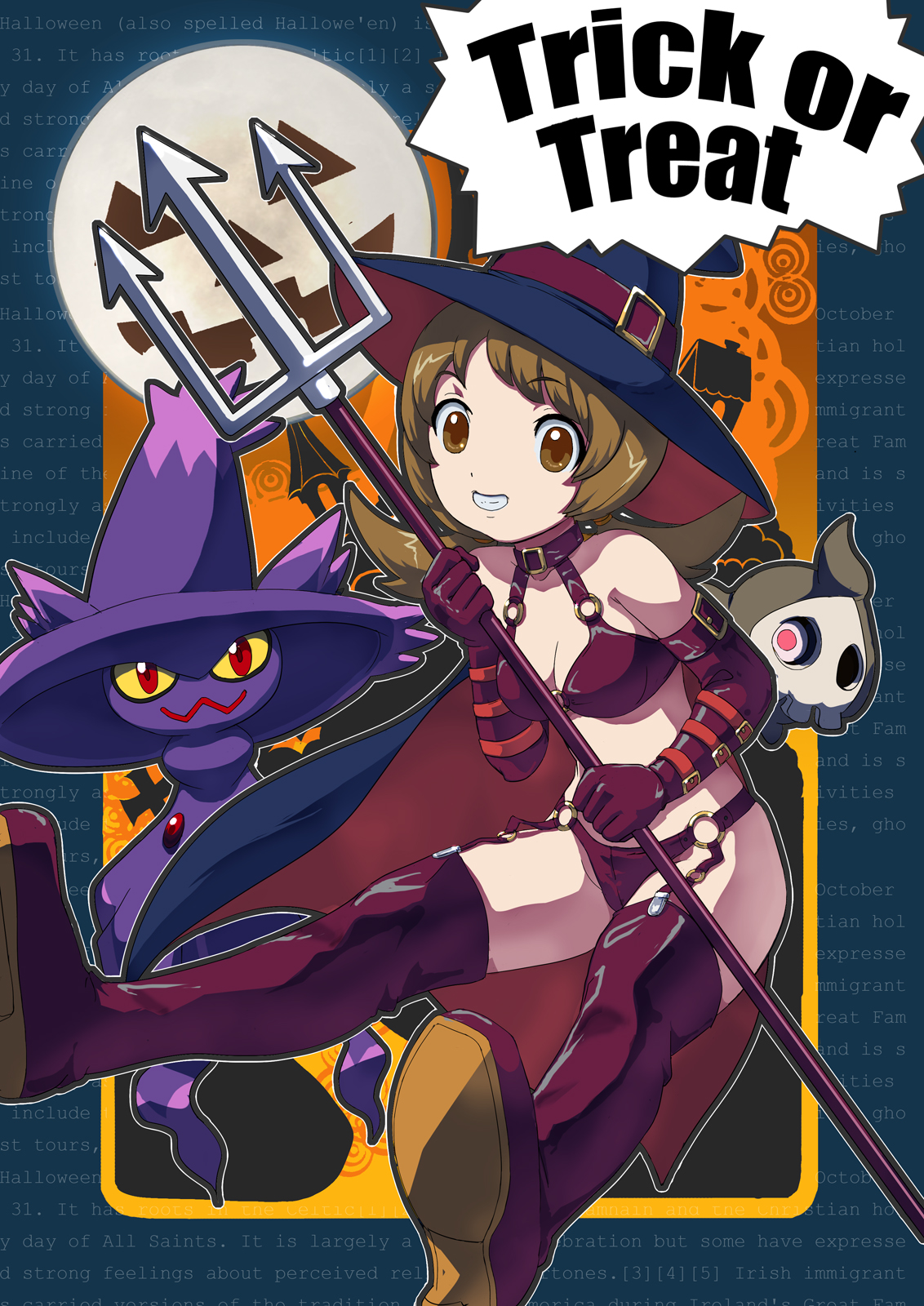 makoto daikichi, duskull, lyra (pokemon), mismagius, nintendo, pokemon, pokemon hgss, costume, highres, 00s, 1girl, brown eyes, brown hair, cape, garter belt, garter straps, gen 3 pokemon, gen 4 pokemon, halloween, hat, pitchfork, pokemon (creature), short twintails, thighhighs, trick or treat, twintails, witch hat