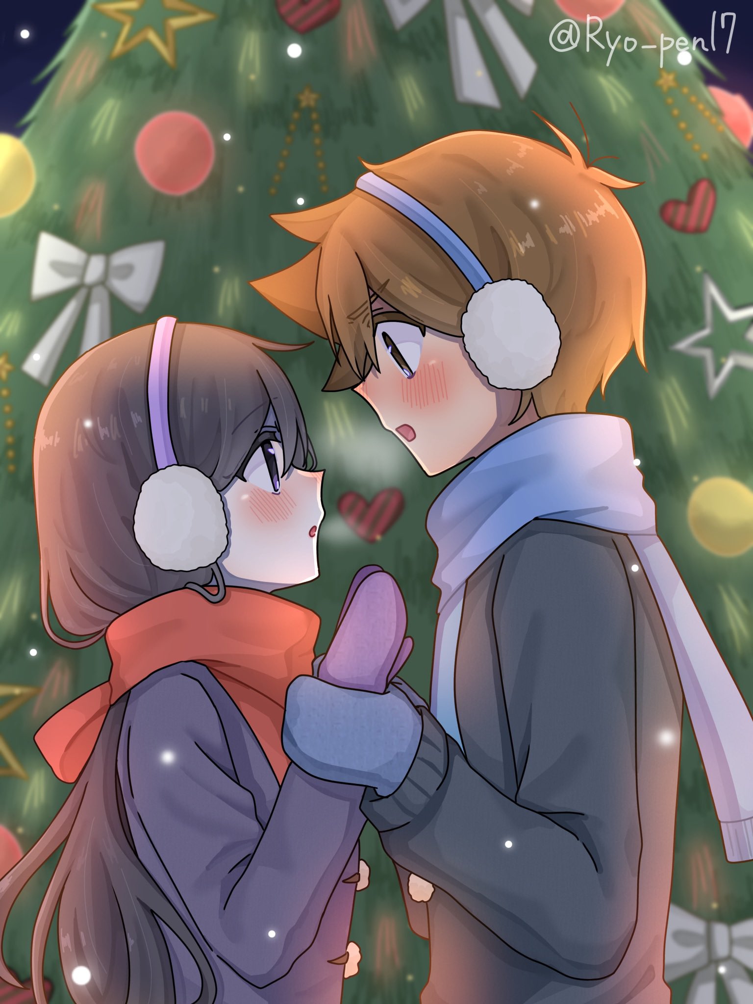 ryo pen17, hero (faraway) (omori), hero (omori), mari (faraway) (omori), mari (omori), omori, commentary, english commentary, highres, 1boy, 1girl, alternate costume, antenna hair, artist name, black coat, black eyes, black hair, blue mittens, blue scarf, blush, brown hair, christmas tree, coat, dark-skinned male, dark skin, earmuffs, long hair, long sleeves, looking at another, mittens, open mouth, parted lips, purple mittens, red scarf, scarf, short hair, snowing, twitter username
