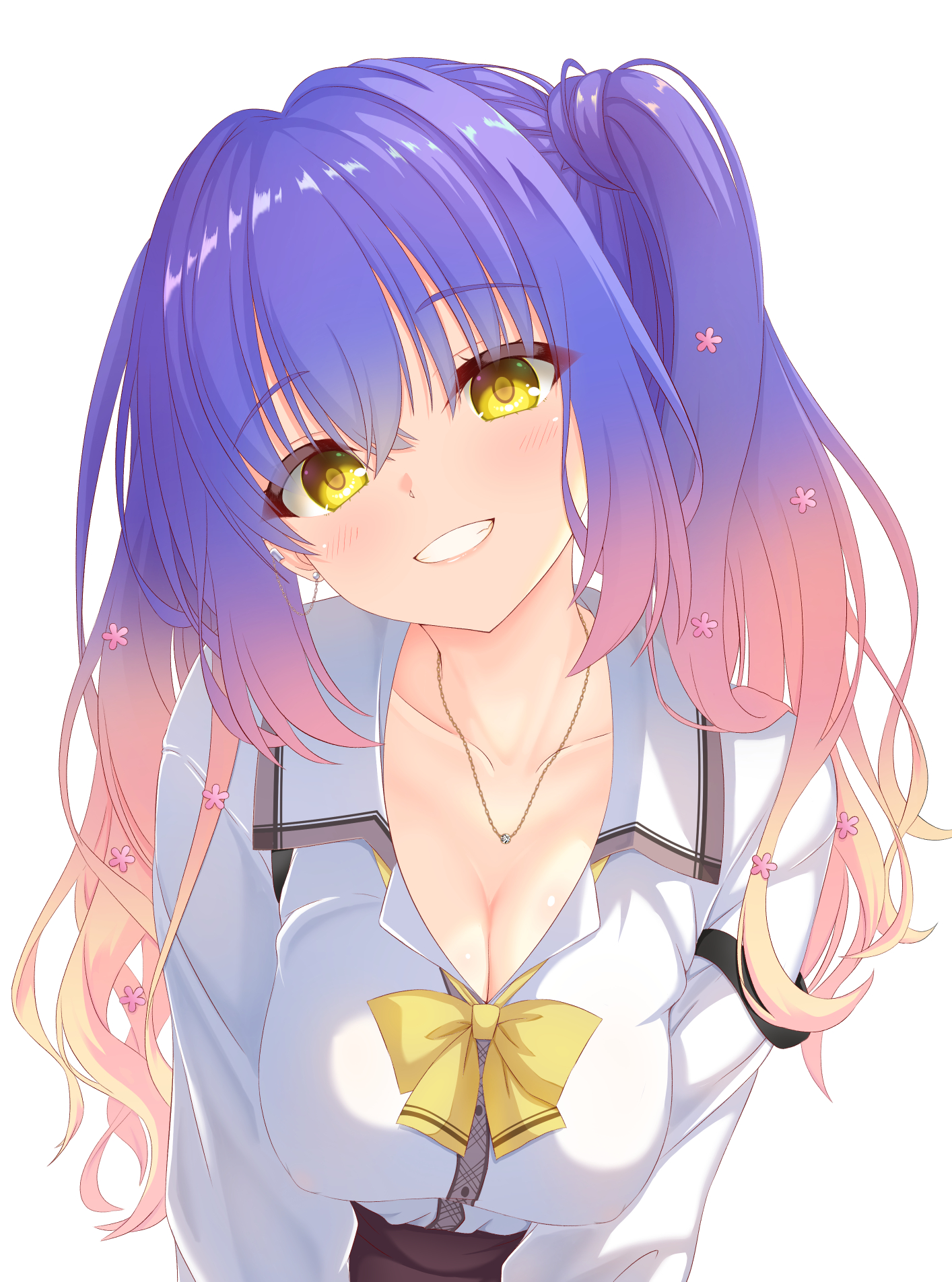 hirocchi, kohibari kurumi, tenshi souzou re-boot!, commentary request, highres, 1girl, :d, blue hair, blush, breasts, cleavage, collarbone, collared shirt, covered erect nipples, crossed bangs, earclip, earrings, gradient hair, grin, gyaru, hair between eyes, hair over shoulder, happy, head tilt, jewelry, kogal, large breasts, leaning forward, long hair, long sleeves, looking at viewer, mizuka academy school uniform, multicolored hair, necklace, open mouth, pink hair, school uniform, shirt, simple background, smile, solo, twintails, upper body, white background, white shirt, yellow eyes, yellow pupils