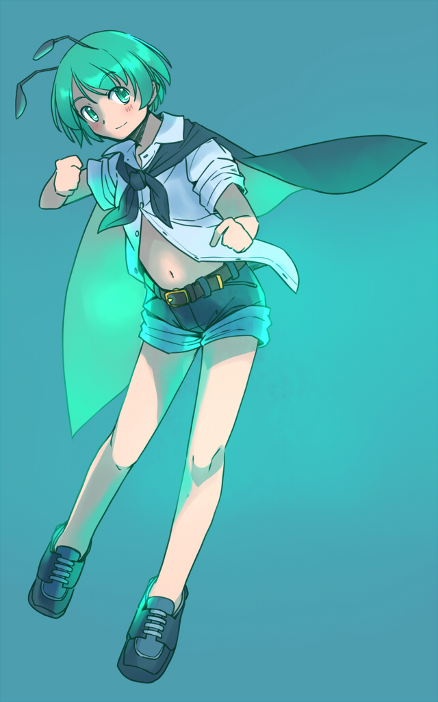 rangycrow, wriggle nightbug, touhou, commentary request, 1girl, antennae, aqua background, black cape, black shoes, blue shorts, buttons, cape, clenched hands, full body, green eyes, green hair, knees, light blush, light smile, one-hour drawing challenge, open clothes, open shirt, partially unbuttoned, shirt, shoes, short hair, short shorts, shorts, sideways glance, sneakers, solo, tan, thighs, white shirt
