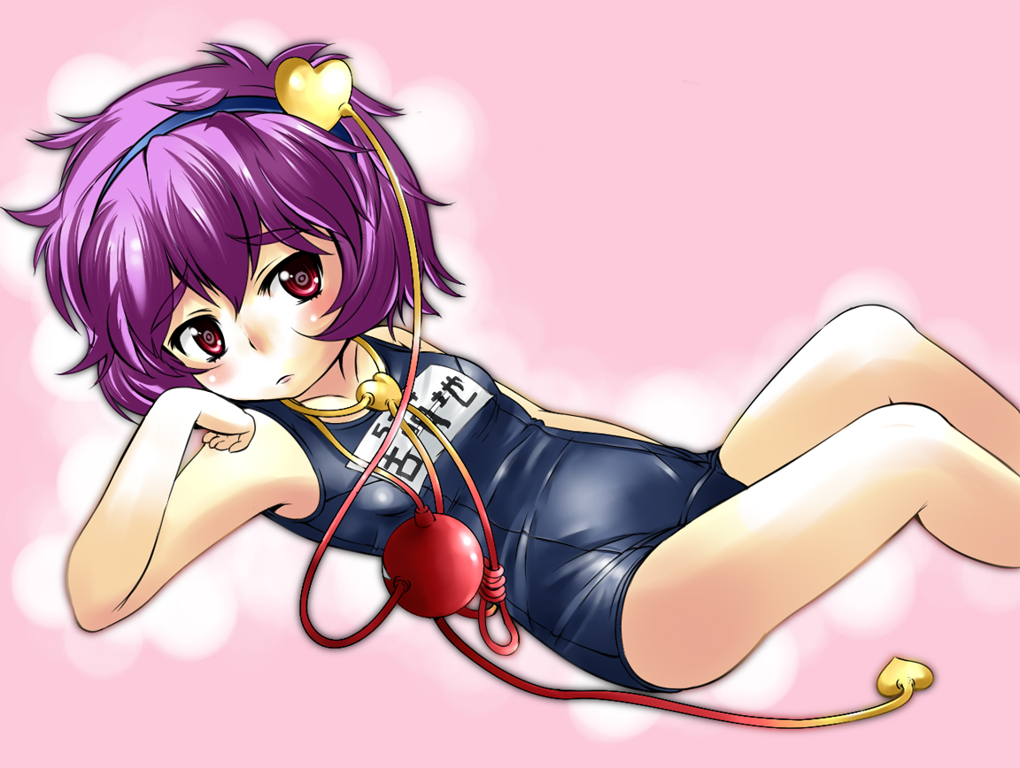 mepikari, komeiji satori, touhou, 1girl, female focus, hairband, heart, one-piece swimsuit, purple hair, red eyes, school swimsuit, short hair, solo, swimsuit