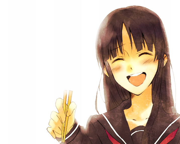 syunga, akiyama mio, k-on!, open in internet explorer, 00s, 1girl, black hair, chopsticks, closed eyes, female focus, long hair, portrait, school uniform, serafuku, smile, solo, striped background, transparent background