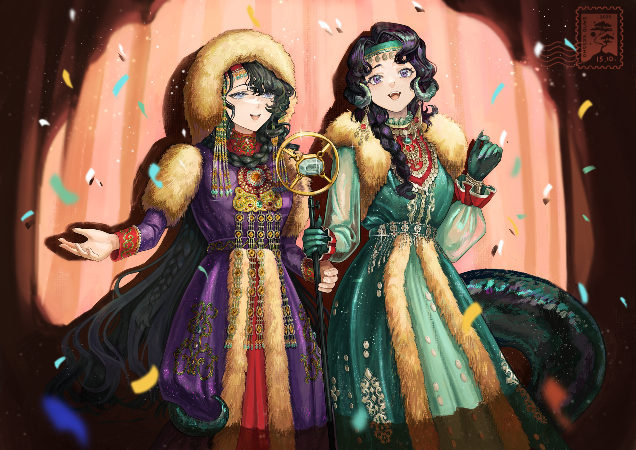 anjo nala, isolde (reverse:1999), reverse:1999, commentary, english commentary, highres, procreate (medium), :d, alternate costume, artist logo, black hair, blue eyes, confetti, curled horns, curtains, dress, fur-trimmed dress, fur-trimmed headwear, fur trim, gloves, green dress, green gloves, green hairband, green tail, grey horns, hair ornament, hairband, hands up, holding, holding microphone stand, horns, lizard tail, logo, long braid, long dress, long hair, low horns, microphone, microphone stand, music, open mouth, purple dress, purple eyes, russian clothes, sandkessho, side-by-side, singing, smile, spotlight, stage curtains, tail, teeth, upper teeth only, vintage microphone