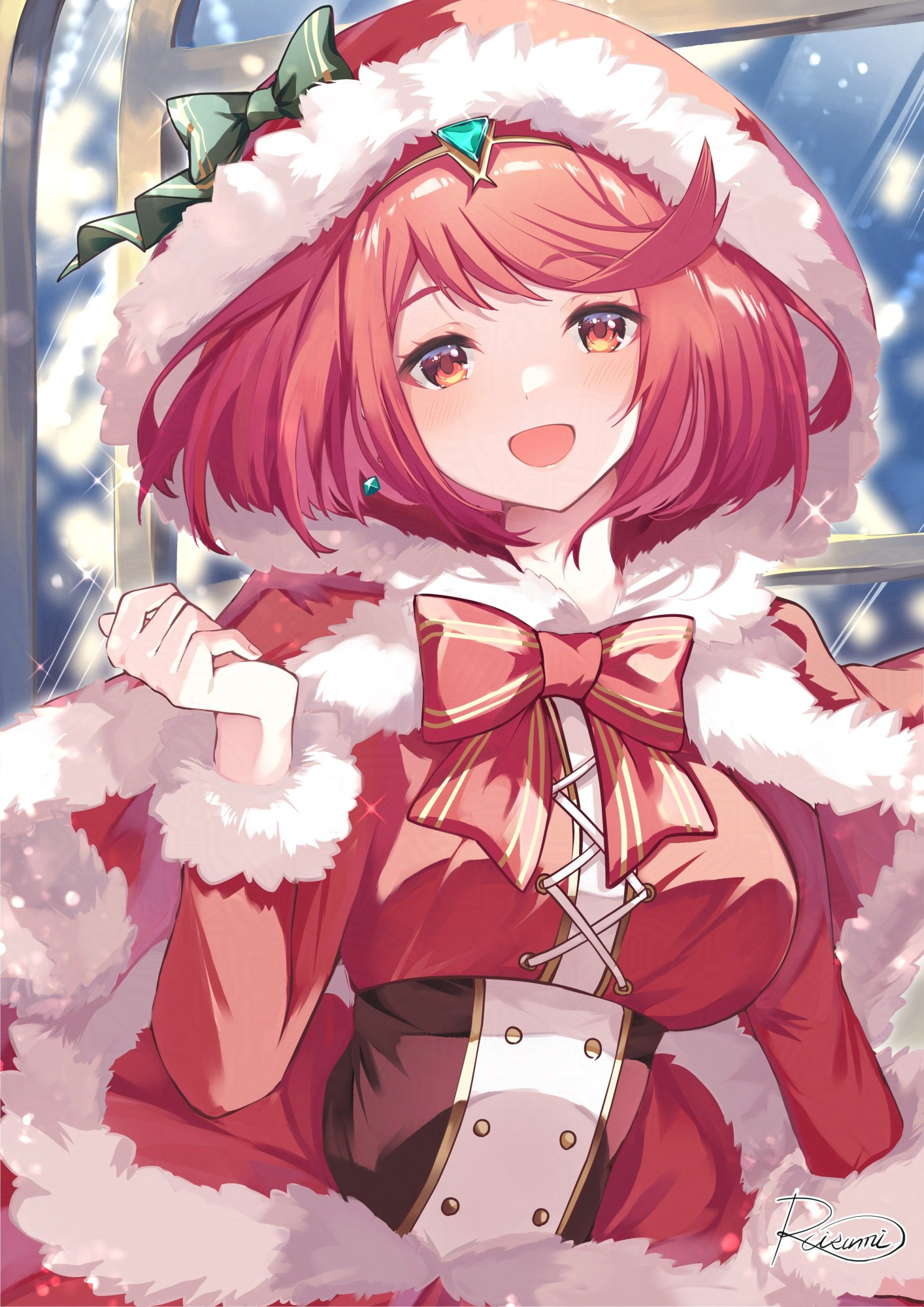 risumi (taka-fallcherryblossom), pyra (xenoblade), xenoblade chronicles (series), xenoblade chronicles 2, highres, alternate costume, christmas, red eyes, red hair, ribbon