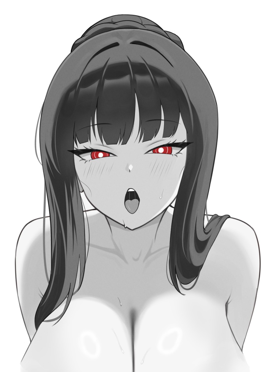 kanghak, rio (blue archive), blue archive, commentary, english commentary, highres, 1girl, bare shoulders, black hair, blunt bangs, blush, braid, braided bun, breasts, bright pupils, cleavage, collarbone, hair bun, implied nudity, large breasts, long hair, looking at viewer, open mouth, partially colored, red eyes, solo, white pupils