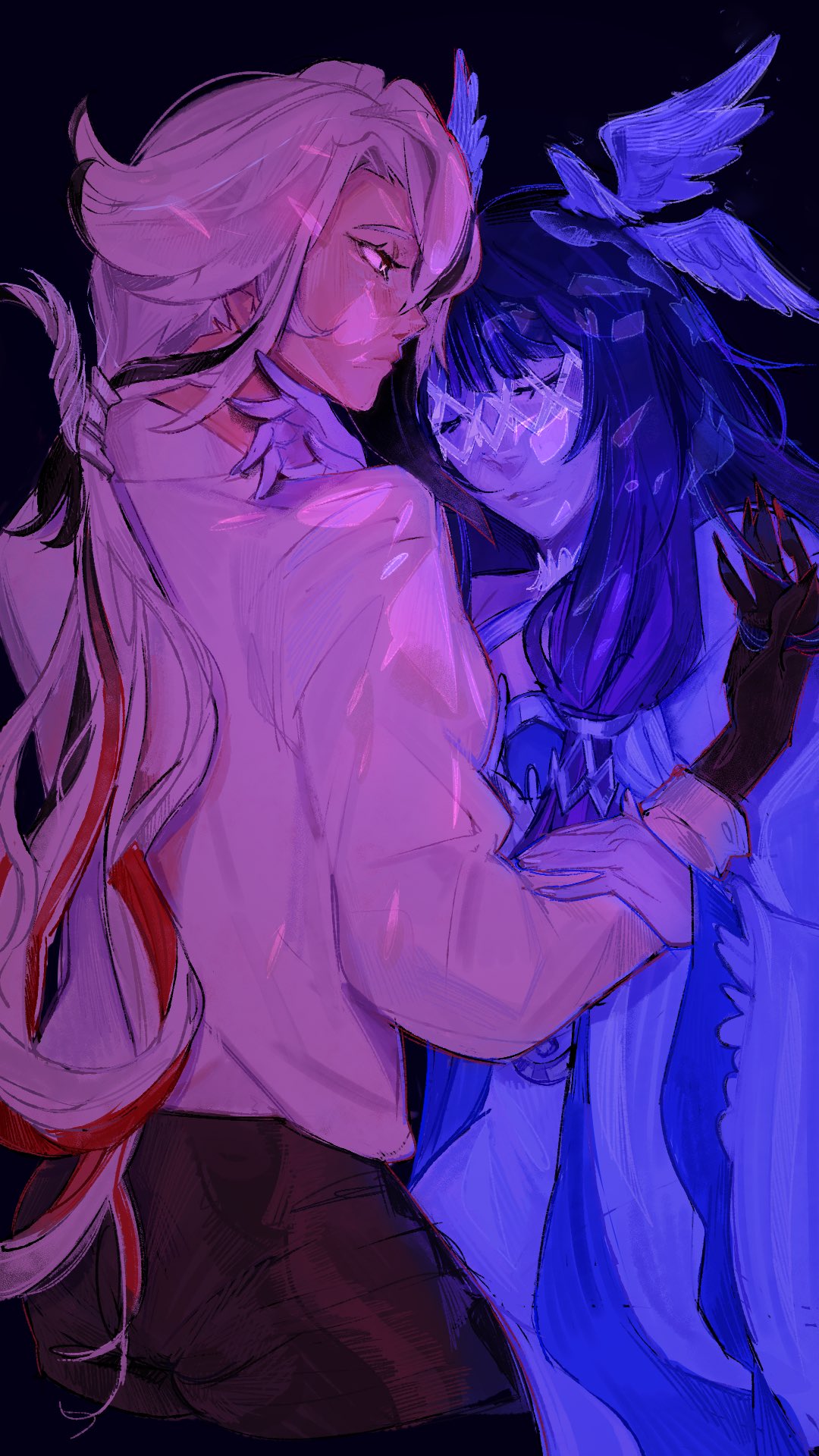 arlecchino (genshin impact), columbina (genshin impact), genshin impact, mihoyo, commentary, english commentary, highres, biblically accurate angel, black hair, black hands, closed eyes, coat, colored extremities, eye mask, fatui coat, feathered wings, fur-trimmed coat, fur trim, hair ornament, head wings, long hair, mask, multicolored hair, multiple wings, pumqinjun, two-tone hair, white hair, wing hair ornament, wings, x-shaped eyewear