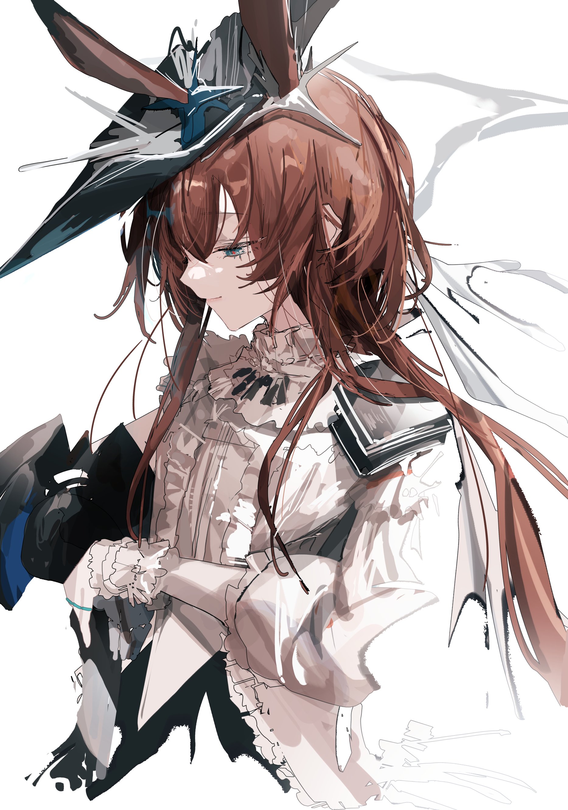 ankoro mochi, amiya (arknights), amiya (guard) (arknights), arknights, absurdres, highres, 1girl, amiya (guard) (in a myriad of universes) (arknights), animal ears, blue eyes, brown hair, gloves, hat, long hair, profile, rabbit ears, rabbit girl, simple background, smile, solo, white background