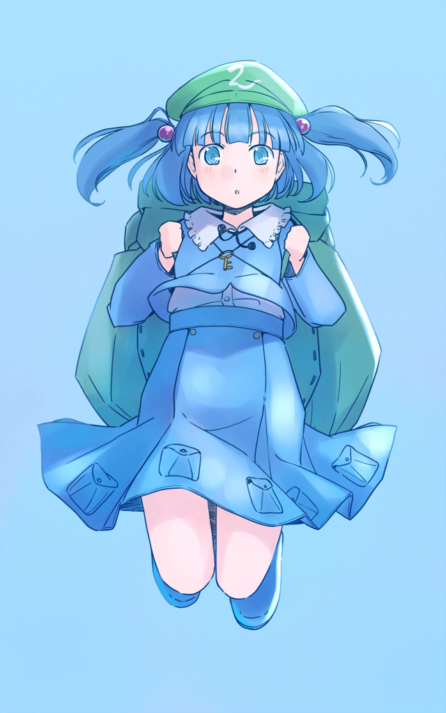 rangycrow, kawashiro nitori, touhou, commentary request, 1girl, :o, backpack, bag, beads, blue background, blue eyes, blue hair, blue shirt, blue shoes, blue skirt, frilled shirt collar, frills, full body, green bag, green hat, hair beads, hair ornament, hat, holding strap, key, knees, light blush, long sleeves, looking at viewer, medium hair, one-hour drawing challenge, parted lips, shirt, shoes, skirt, skirt pocket, solo, twintails, white shirt