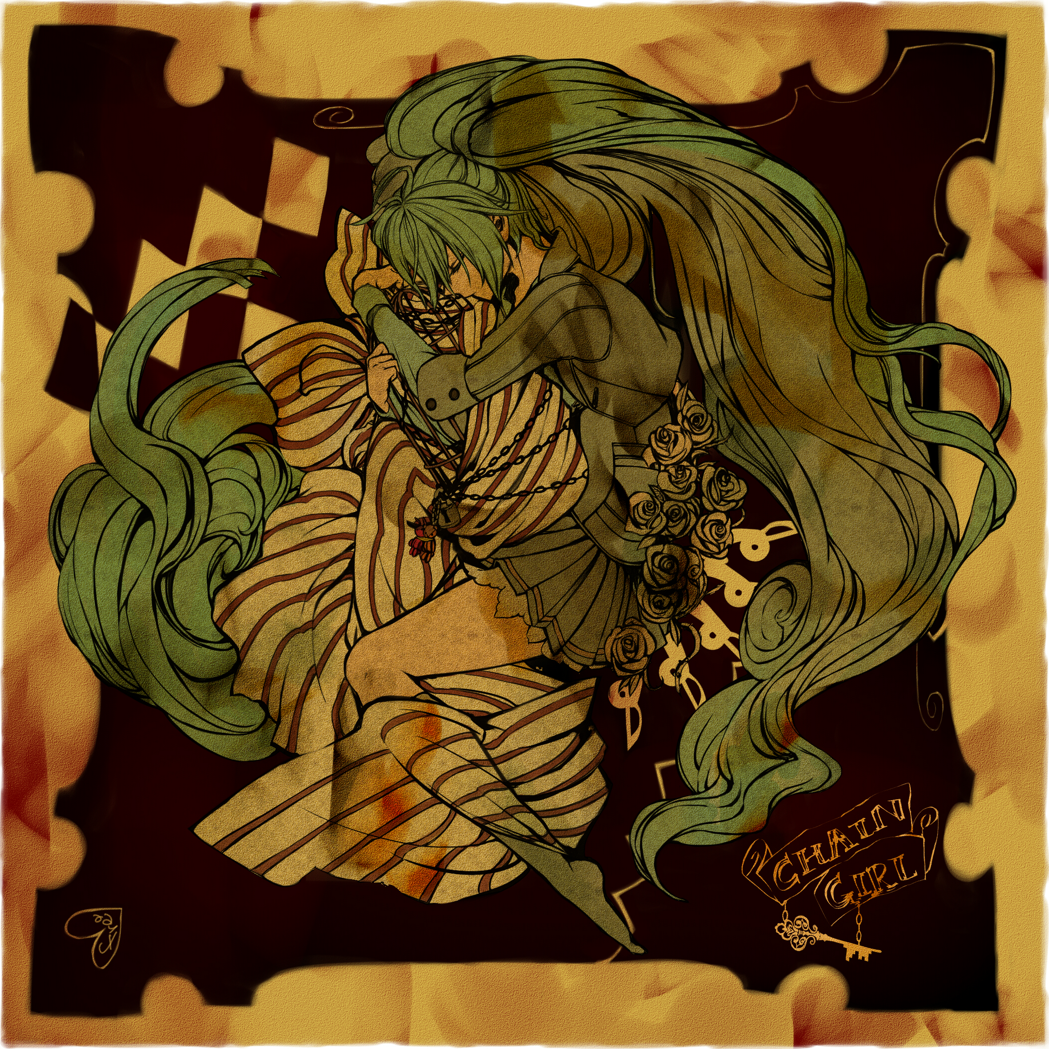 ukai saki, hatsune miku, kusari no shoujo (vocaloid), vocaloid, striped, highres, 1girl, blanket, brown theme, chain, female focus, flower, green theme, long hair, lying, on side, rose, sleeping, solo, very long hair