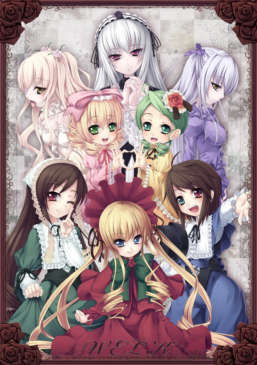 asa (swallowtail), barasuishou, hinaichigo, kanaria, kirakishou, shinku, souseiseki, suigintou, suiseiseki, rozen maiden, silver hair, highres, 00s, 6+girls, blonde hair, blue eyes, blush, bonnet, bow, brown hair, doll joints, dress, drill hair, flower, green eyes, green hair, hair between eyes, hair ornament, heart, heterochromia, joints, multiple girls, one eye closed, pink bow, purple hair, red eyes, wink, yellow eyes