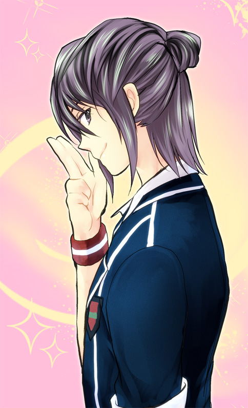 mikou (toromappo), yuri lowell, tales of (series), tales of vesperia, 00s, 1boy, alternate hairstyle, black eyes, black hair, hair up, half updo, long hair, male focus, official alternate costume, school uniform, smile, solo, wristband