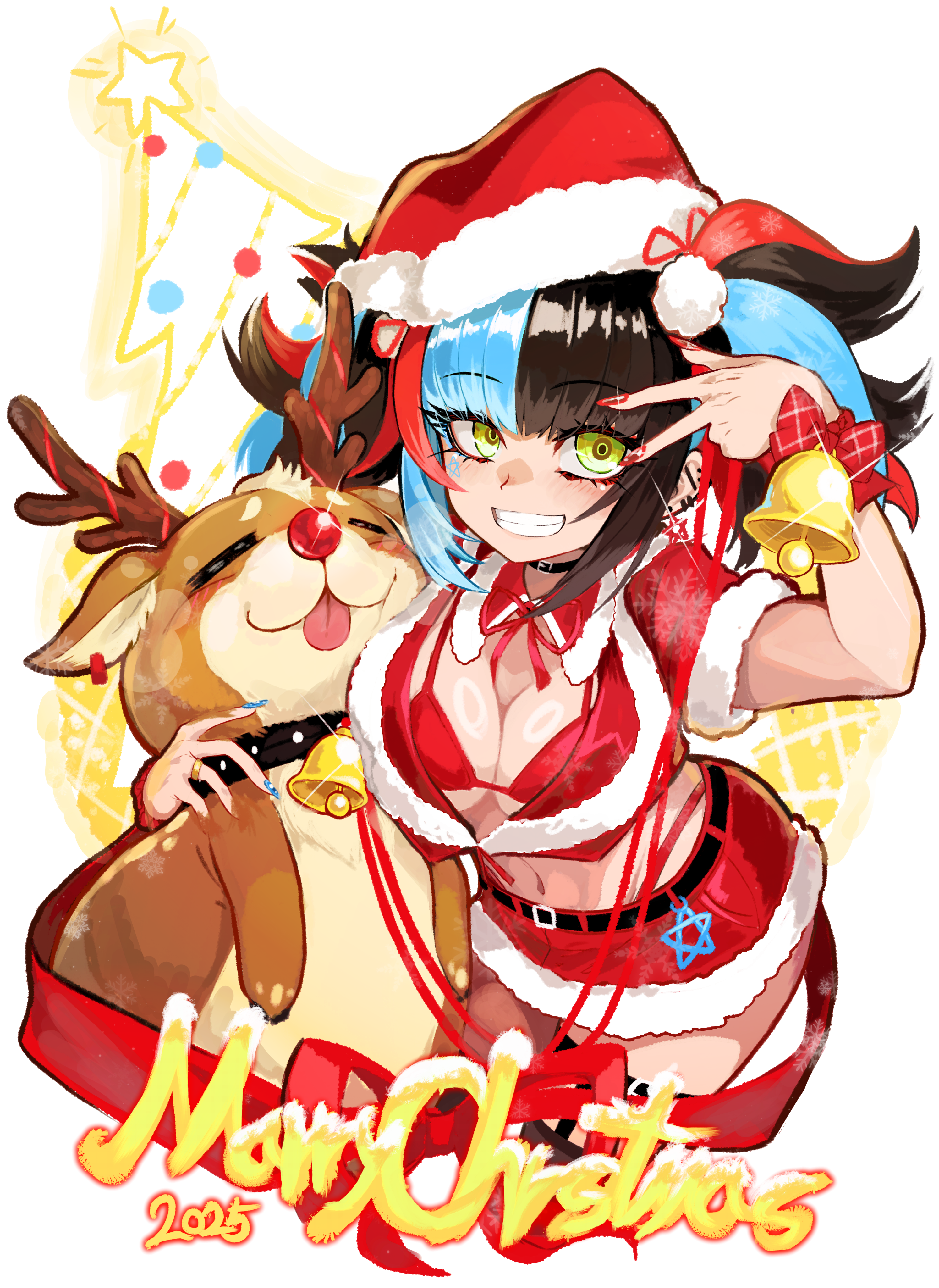 discat, sei shounagon (fate), fate/grand order, fate (series), absurdres, highres, 1girl, bell, belt, black hair, blue hair, blush, bow, bra, breasts, christmas tree, cleavage, cropped shirt, fur-trimmed headwear, fur trim, grin, hat, jingle bell, large breasts, long hair, looking at viewer, merry christmas, midriff, miniskirt, multicolored hair, navel, red bra, red hair, red hat, red shirt, red skirt, reindeer, santa costume, santa hat, shirt, short sleeves, skirt, smile, twintails, underwear, yellow eyes