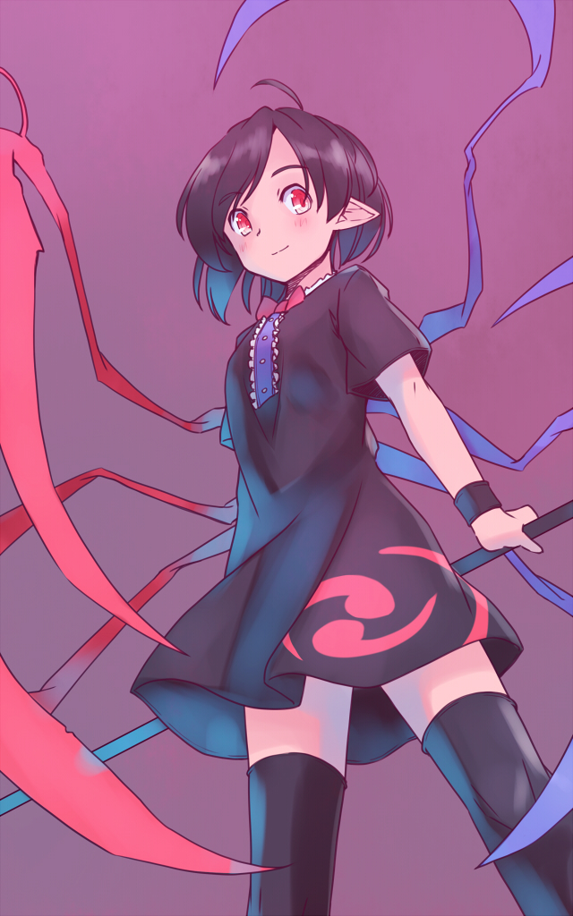 rangycrow, houjuu nue, touhou, commentary request, 1girl, ahoge, asymmetrical wings, black dress, black hair, black thighhighs, blush, bow, bowtie, dress, feet out of frame, from below, holding, holding polearm, holding weapon, light smile, looking down, one-hour drawing challenge, pointy ears, polearm, purple background, red bow, red bowtie, red eyes, solo, split mouth, thighhighs, weapon, wings, zettai ryouiki