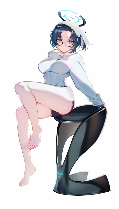 takatou suzunosuke, chihiro (blue archive), chihiro (pajamas) (blue archive), blue archive, commentary request, 1girl, barefoot, blue hair, blue halo, blue shorts, breasts, brown eyes, collarbone, glasses, gradient eyes, halo, large breasts, long hair, looking at viewer, multicolored eyes, parted bangs, short hair, shorts, side ponytail, sitting, solo, sweater, thighs, very long hair, white sweater