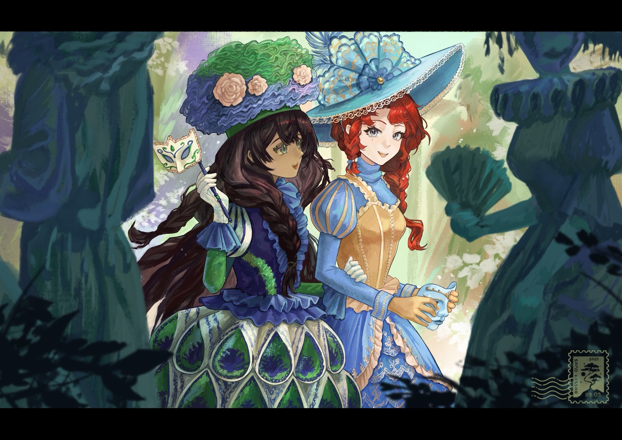 fatutu, reverse:1999, commentary, english commentary, highres, procreate (medium), 2girls, :d, alternate costume, artist logo, barcarola (reverse:1999), blue dress, blue eyes, blue hat, blue shirt, braid, brown hair, bush, center frills, dark-skinned female, dark skin, dress, frilled skirt, frills, from side, gloves, hat, holding, holding another's arm, holding mask, juliet sleeves, letterboxed, logo, long hair, long sleeves, mask, masquerade mask, multiple girls, open mouth, picture hat, puffy sleeves, red hair, sandkessho, shirt, single braid, skirt, smile, statue, unworn mask, upper body, very long hair, white gloves, yellow gloves