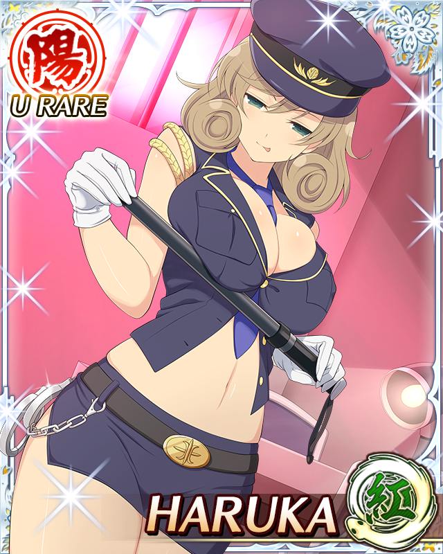 haruka (senran kagura), senran kagura, senran kagura new wave, game cg, official art, third-party source, 1girl, :p, baton (weapon), between breasts, blue necktie, blue shirt, border, breasts, brown hair, card (medium), character name, closed mouth, cuffs, curled ends, desk lamp, gloves, green eyes, handcuffs, hat, indoors, interrogation, lamp, large breasts, light smile, medium hair, navel, necktie, necktie between breasts, pencil skirt, police, police hat, police uniform, policewoman, prison cell, shirt, skindentation, skirt, solo, swept bangs, tongue, tongue out, weapon, white gloves
